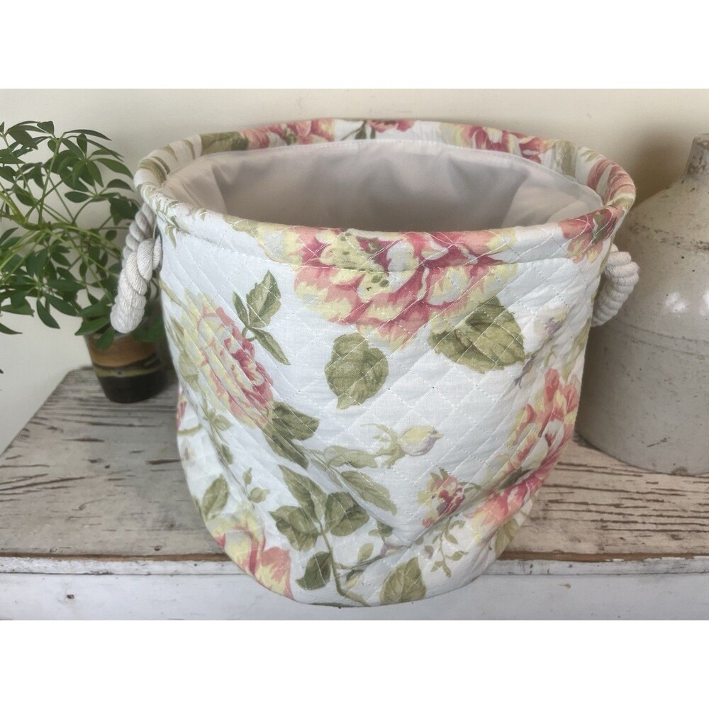 Vintage Cottage Rose Floral Fabric Storage Bag W/Rope Handles Shabby Boho 13”x12